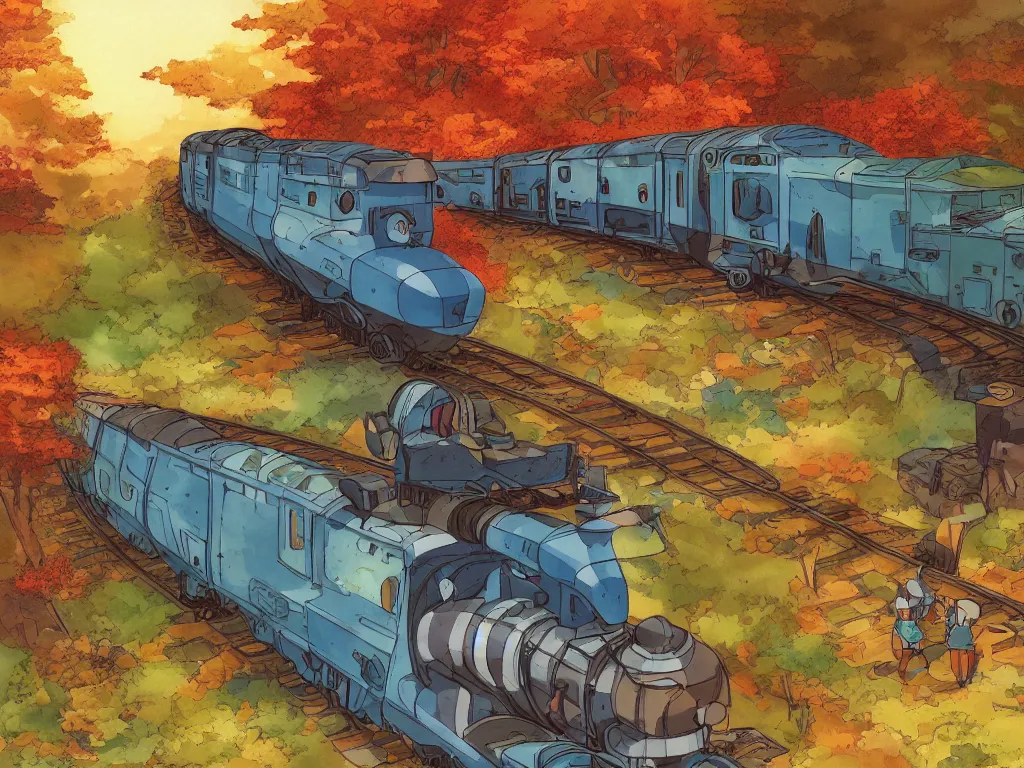 Image similar to longitudinal cut sideview of a anime train, autumn light, colorful, nausicaa of the valley of the wind, beautiful, by studio ghibli, digital art, concept art, manga, cute and adorable, illustration