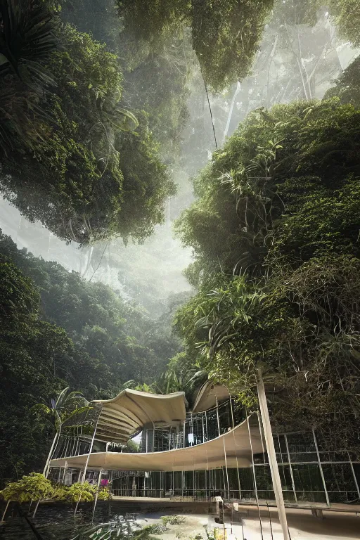 Image similar to architecture inspired by renzo piano deep in the rainforest. nature is taking over. upside down. metabolism. matte painting. octane render. hdr. volumetric lighting. global illumination. atmospheric.