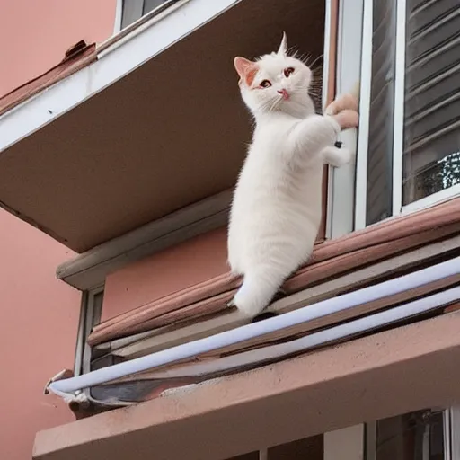 Image similar to a white brown cat preventing a little girl from climbing over a balcony