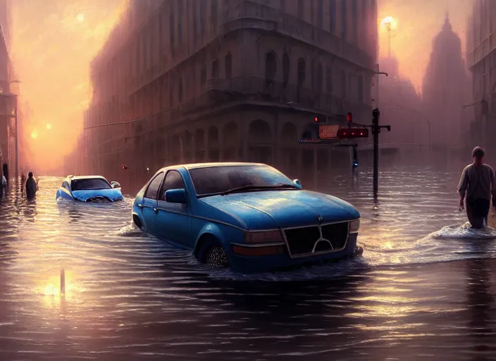 Image similar to cars driving through shallow water, flooded city, people walking through shallow water, muted colors, highly detailed, hyperrealistic, oil painting, intricate, cgsociety, artstation, 8 k, cinematic, soft lighting, by greg rutkowski, by wlop, by artgerm