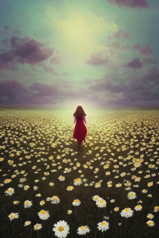 Image similar to giant white daisy flower veil face, girl walking in a flower field, surreal photography, sunrise, dramatic light, impressionist painting, colorful clouds, digital painting, artstation, simon stalenhag