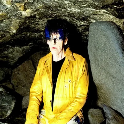Prompt: lux interior hiding behind a rock in a cave