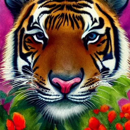 Prompt: a curious young tiger smelling a flower, big eyes, cute, watercolor, white background, very detailed, high quality