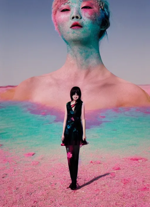 Image similar to lee jin - eun in luxurious flowery dress emerging from pink and turquoise water in salar de uyuni with the ground reflecting the aurora borealis by takato yamamoto, james jean, conrad roset, ruan jia, martine johanna, rule of thirds, elegant look, beautiful, chic, face anatomy, cute complexion