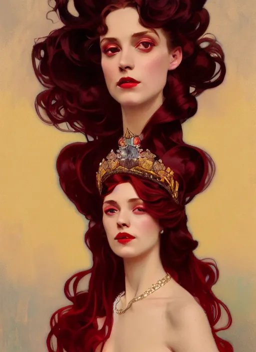 Image similar to leyendecker, ombre velvet gown, lovely queen, portrait, long red hair, small crown, dozens of jeweled necklaces, feral languid woman, by greg rutkowski, anato finnstark, alphonse mucha, global illumination, radiant light