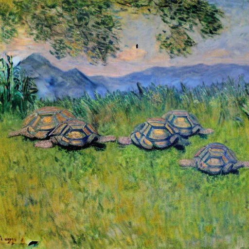 Prompt: tortoises operating heavy artillery by claude monet