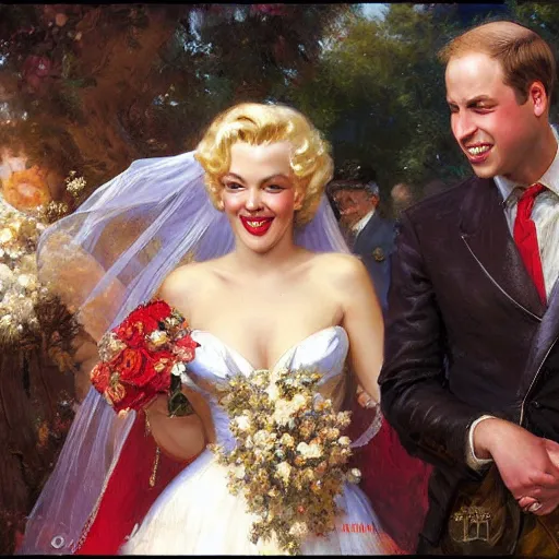 Prompt: detailed painting of prince william marrying attractive marilyn monroe, highly detailed painting by gaston bussiere, craig mullins, j. c. leyendecker 8 k, smiling couple, royal painting