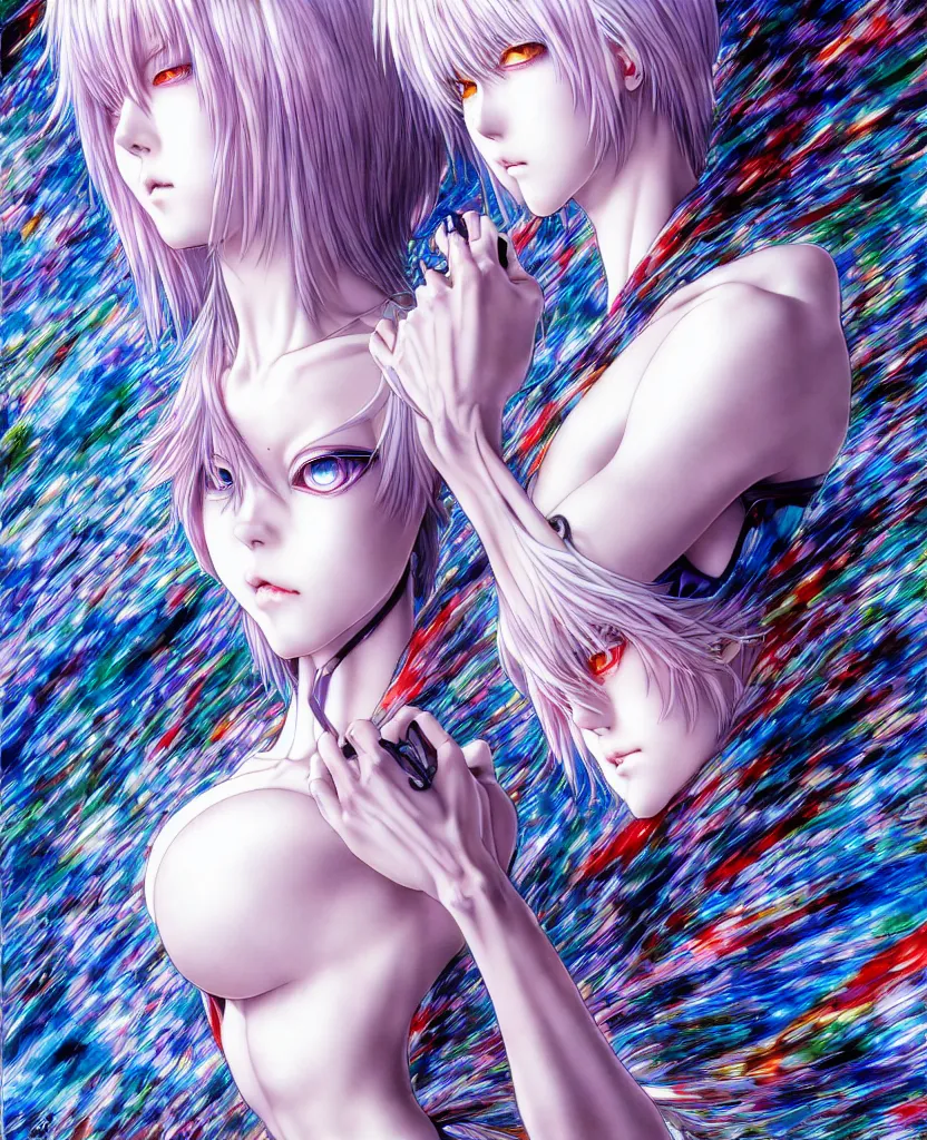 Prompt: realistic detailed image of ultra mega rainbow, realistic detailed female character, rei ayanami, symmetrical, depth perception, masterpiece, depth of field, action horror, gothic, vivid colors. art by yoshitaka amano, by yukito kishiro, by yoshiyuki sadamoto, by artgerm, by hajime sorayama