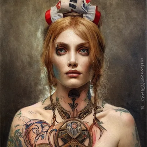 Image similar to photorealistic painting of a female nurse with a tattooed face, realistic eyes, symmetric face, beautiful bone structure, dark blonde long hair, painting by gaston bussiere