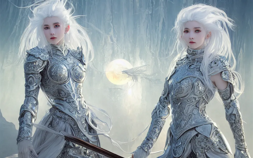 Image similar to white hair knights of zodiac girl, sliver ice color reflected armor, kung fu fighting in ruined agora of athens sunrise, ssci - fi and fantasy, intricate and very very beautiful and elegant, highly detailed, digital painting, artstation, concept art, smooth and sharp focus, illustration, art by tian zi and wlop and alphonse mucha