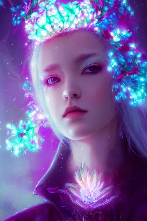 Prompt: a colorful and vibrant majestic white open wide eyes elf queen drops a tearwith flowers on her hair, glowing light orbs, intricate concept art, elegant, digital painting, smooth, sharp focus, ethereal opalescent mist, outrun, vaporware, cyberpunk darksynth, ethereal, ominous, misty, by charlie bowater, 8 k, rendered in octane