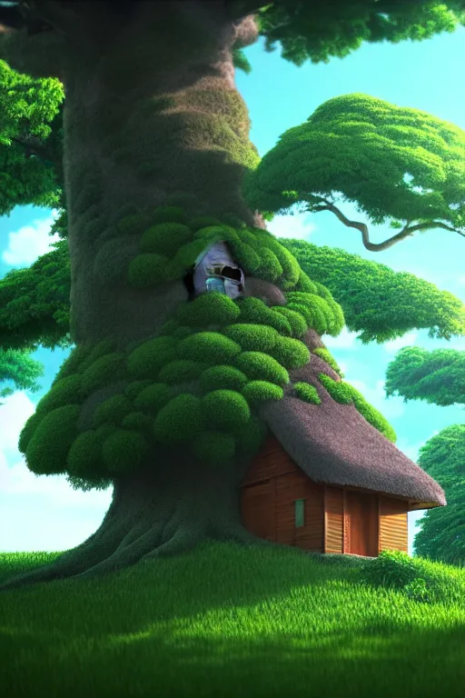 Prompt: the tree is a house, studio ghibli, octane render, 4 k
