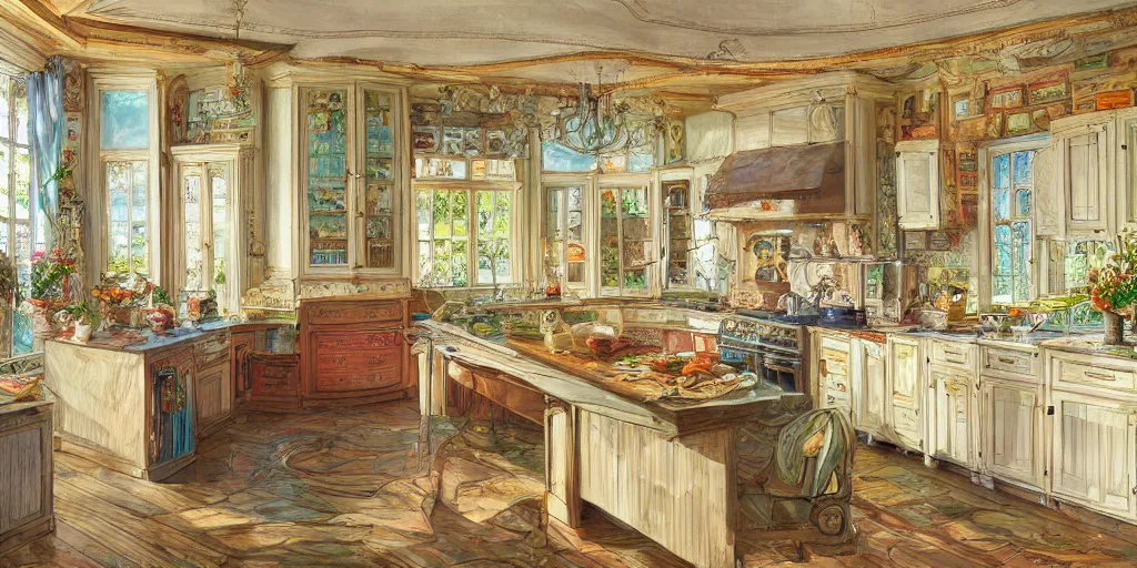 Prompt: a beatiful kitchen, extremely detailed, sharp focus, wide view, smooth, digital illustration, colorfull, by william turner art, by greg rutowski