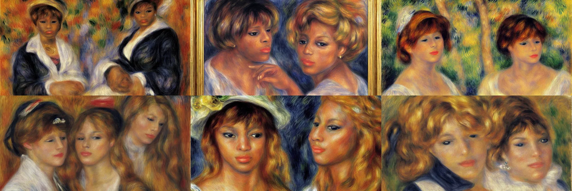 Prompt: Renoir portrait of a Black woman with straightened blonde hair. The woman is a cross between Whitney Houston and Mary j blige. Front facing. 4K. Detailed. Intricate. Beautiful.