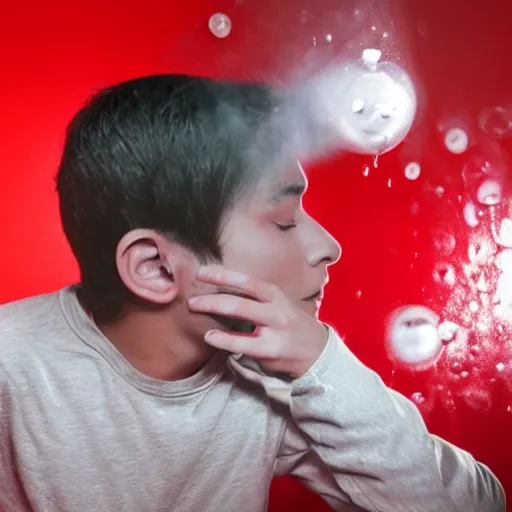 Image similar to music makes a young man suffer in a red room with water on the ceiling