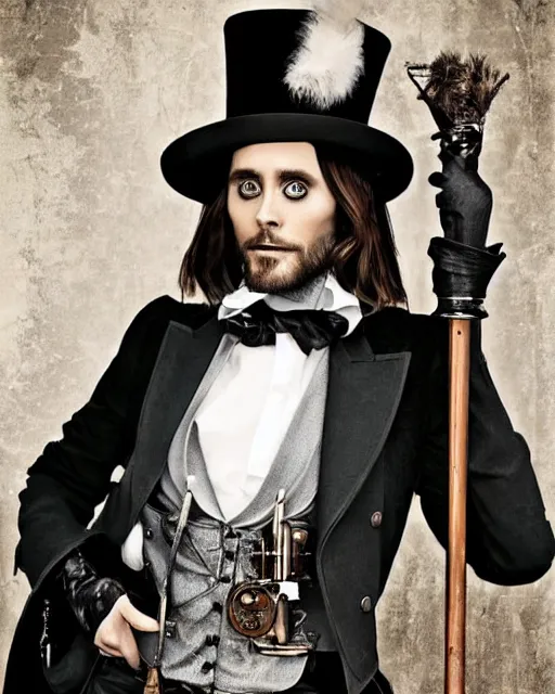 Prompt: Fashion Editorial of actor Jared Leto in an Sandy Powell designed Victorian Era Steampunk dress, wearing a top Hat and holding a Silver Cane, photographed in the Style of Annie Leibovitz