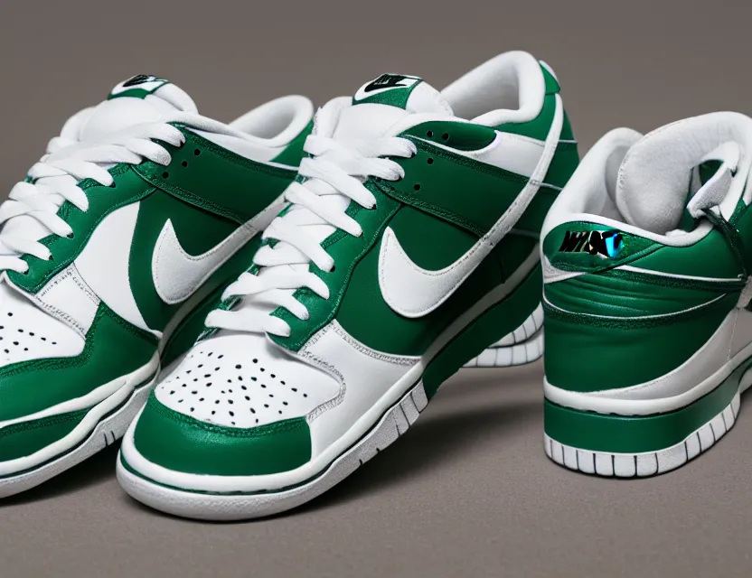 Image similar to a press photograph of nike dunk low pine green and white, size 1 0, white background