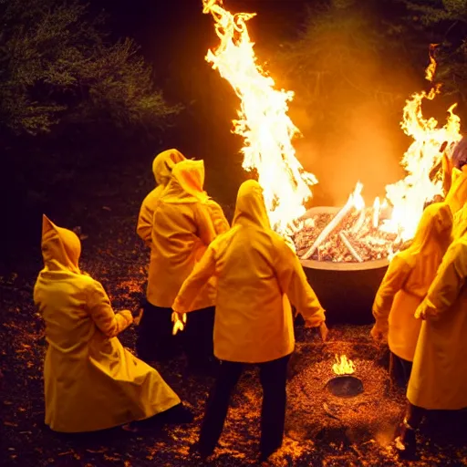 Prompt: a gathering of yellow raincoat wearing cat magicians summon a fire goddess from the depths of a raging fire pit, flames are emerging from fissures in the ground.