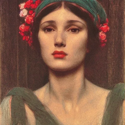 Prompt: reflections of a beautiful peasant girls face, film still by kubrick, depicted by herbert james draper, arnold bocklin, john willaim godward, sir lawrence alma - tadema. limited color palette, very intricate, highly detailed, minimalist. red and white chalk study.
