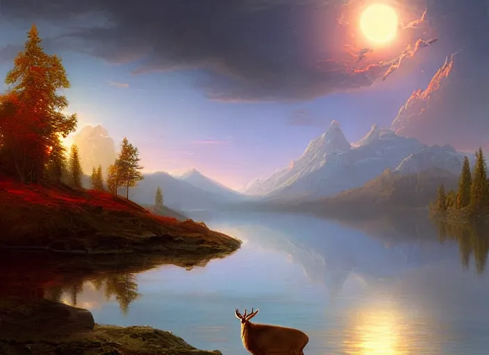 Prompt: a red deer by a lake on an alien planet, digital art, soft colors, detailed, artstation, clouds, blue, deviant art, by frederic edwin church, by tyler edlin