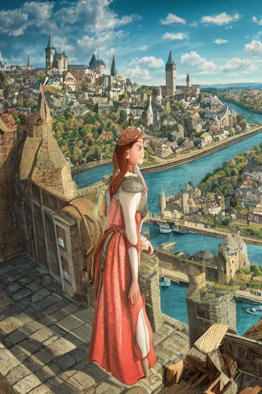 Image similar to a beautiful picture of overlook of medieval city, a girl stands on top of a bridge, detailed, 8 k