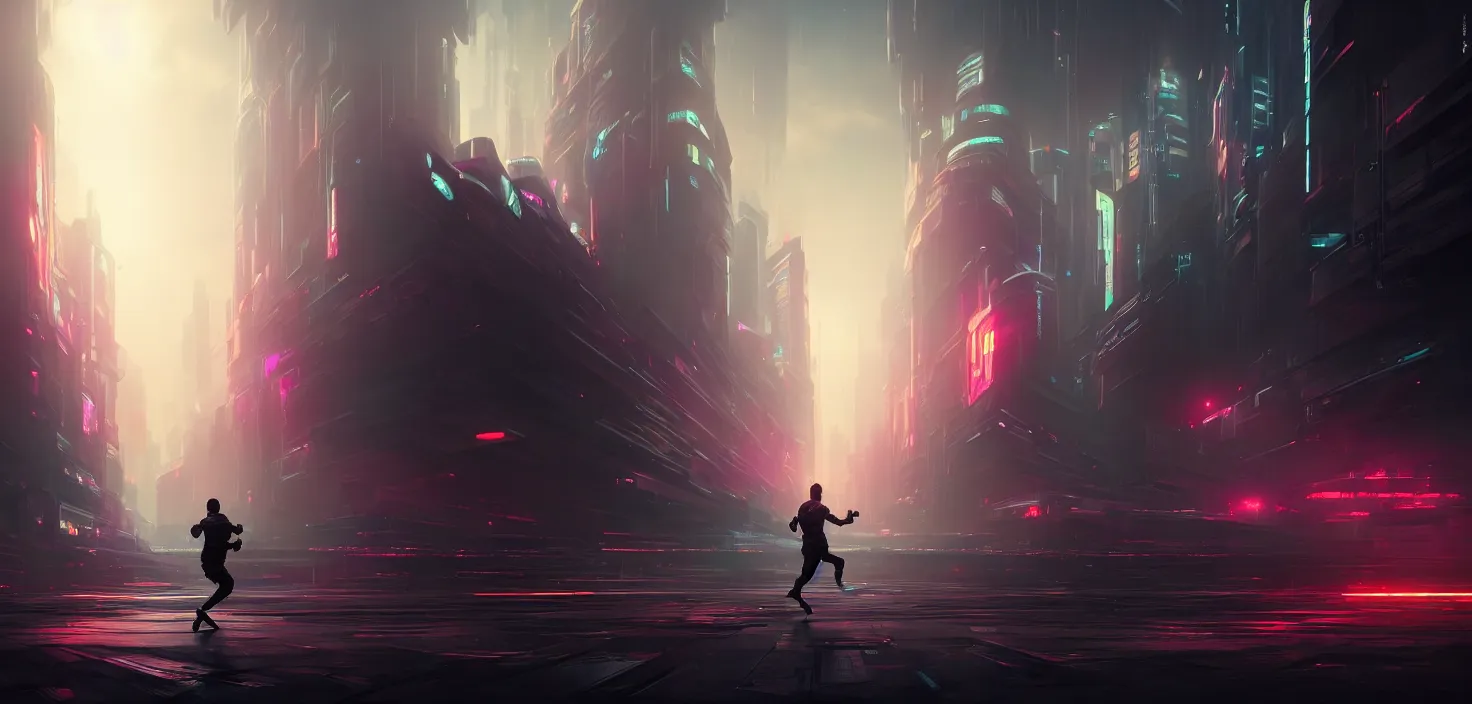 Prompt: cyberpunk concept showing a man running along a futuristic path full of monitors, cinematic view, epic sky, detailed, concept art, low angle, high detail, warm lighting, volumetric, godrays, vivid, beautiful, trending on artstation, by jordan grimmer, huge scene, grass, art greg rutkowski