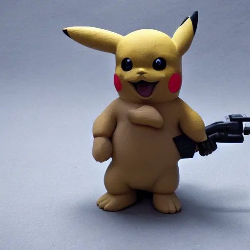 Image similar to clay sculpture of pikachu holding a gun and standing on a wooden desk, clay sculpture, 33mm, high res photo