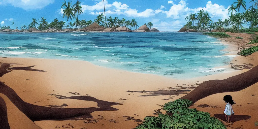 Image similar to sri lankan beach, rule of thirds, drawn by hayao miyazaki