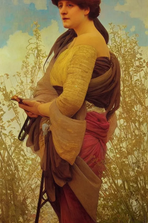 Image similar to angela merkel, Ilya repin, alphonse mucha, and Edmund Blair Leighton A meaningful painting in an symbolist style, oil on canvas, baroque, beautiful lighting, trending on Artstation, Highly detailed