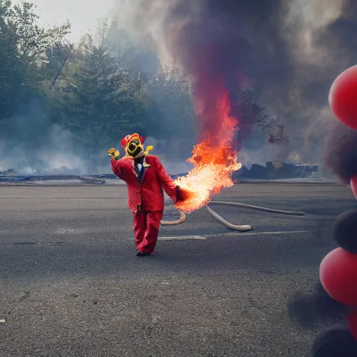 Image similar to photo of a clown using a flamethrower. In the background there is a dumpster fire. award-winning, highly-detailed, 8K