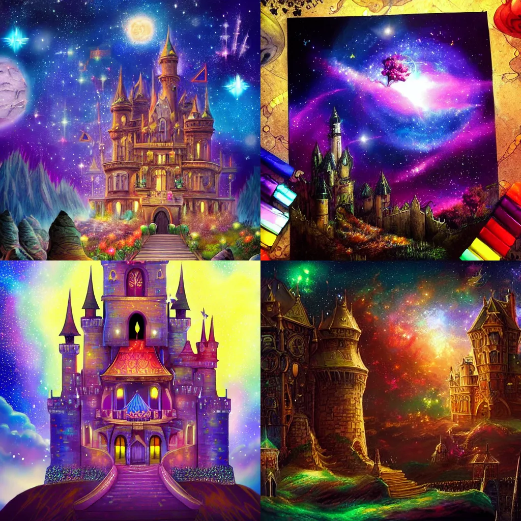 Prompt: high fantasy castle, galaxy, stars, colourful, magical, mythical, digital art, trending on art station