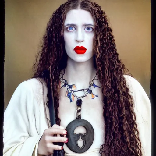 Image similar to a beautiful english woman with a long face narrow nose pale skin blue eyes red lips and wild messy tangles of curly white blonde hair, high resolution film still wearing a black robe and skull necklace and holding a crescent moon spade, sandy, a journey to the west