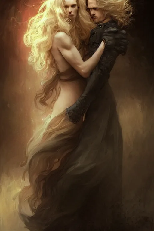 Image similar to johan liebert mixed with alucard picture by Greg Rutkowski, long fluffy blond curly hair, baroque curls, dynamic pose, matte painting, intricate, z brush, fantasy concept art, elegant, pregnant, by Stanley Artgerm Lau, WLOP, golden ratio, thomas kindkade, alphonse mucha, loish, Peter chung, norman Rockwell,