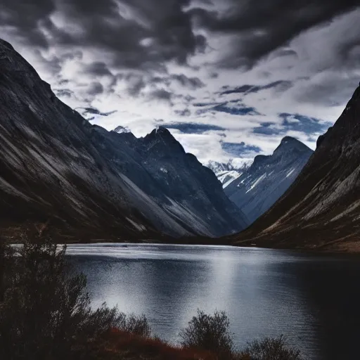 Prompt: mountain landscape in the spooky and mysterious fjord, realistic, hdr, clear image, hdd, dynamic lighting