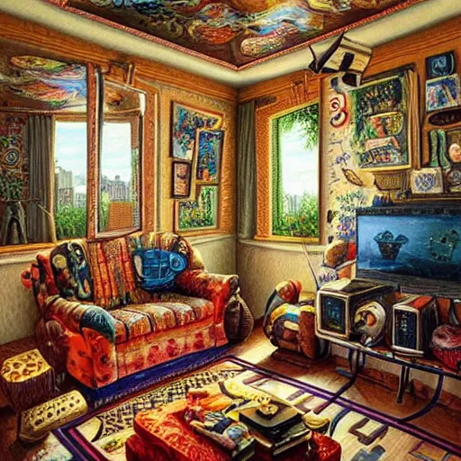 Image similar to a painting of a living room, a surrealist painting by jacek yerka, cgsociety, fantastic realism, maximalist, surrealist, detailed painting