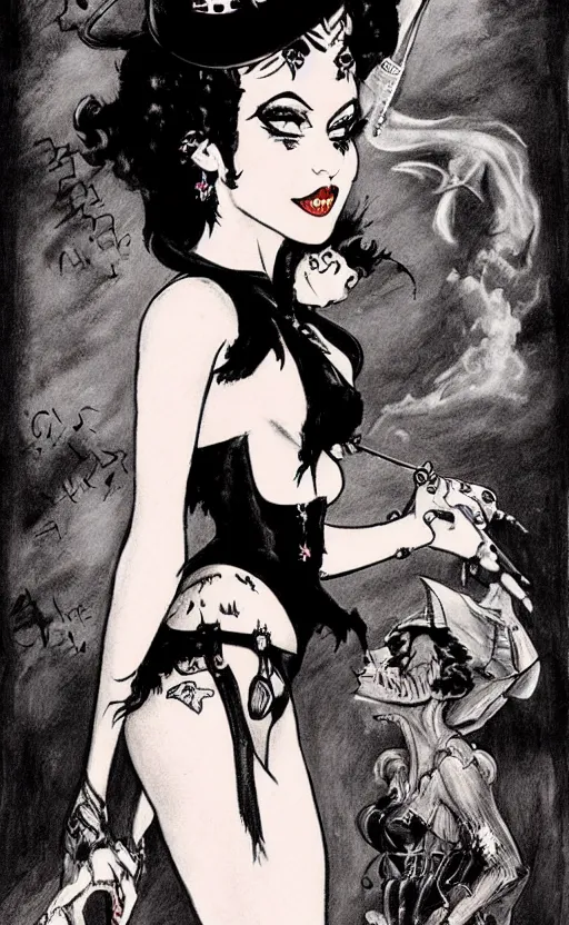 Prompt: of a witch girl burlesque psychobilly, rockabilly, punk, black hair, detailed face, white background, drawing, illustration by frank frazetta