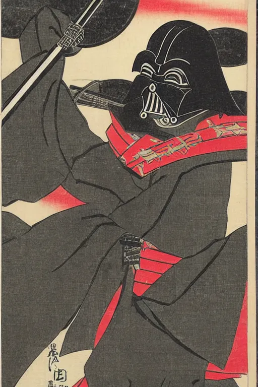 Image similar to Japanese woodblock print of Darth Vader holding a samurai sword , cherry blossom, Hokusai
