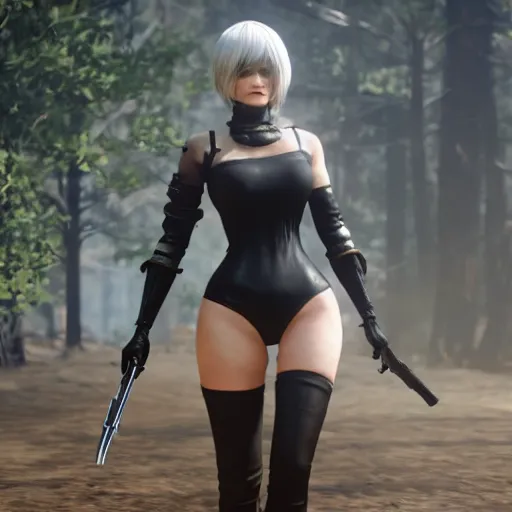 Image similar to Film still of a woman cosplaying as 2B nier automata wearing skintight clothes riding a horse, from Red Dead Redemption 2 (2018 video game), trending on artstation, artstationHD, artstationHQ