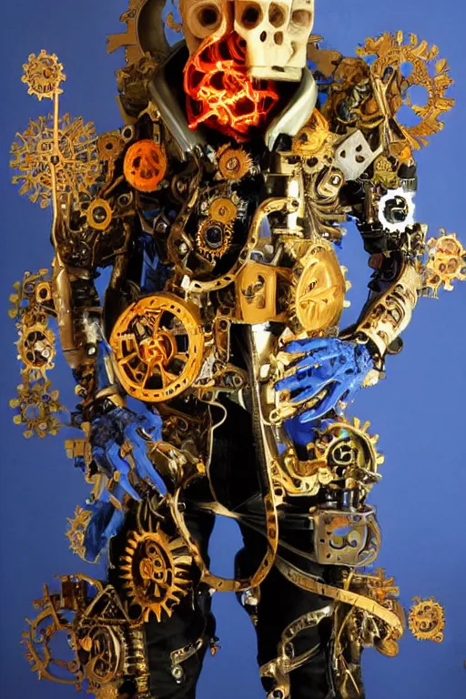 Prompt: full-body cyberpunk style sculpture of a young handsome Spanish prince half android with a chest opening exposing circuitry and a sparking motherboard, glowing blue lasert eyes, crown of mechanical gears and roses, flowing orange-colored silk, fabric, steampunk archways. baroque elements, human skull. full-length view. baroque element. intricate artwork by caravaggio. many many birds birds on background. Trending on artstation, octane render, cinematic lighting from the right, hyper realism, octane render, 8k, depth of field, 3D