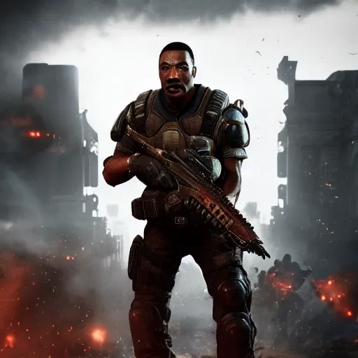 Image similar to eddie murphy in gears of war battlefield 5, splash art, movie still, cinematic lighting, dramatic, octane render, long lens, shallow depth of field, bokeh, anamorphic lens flare, 8 k, hyper detailed, 3 5 mm film grain