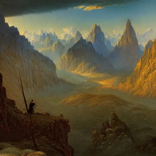 Image similar to a beautiful and highly detailed matte painting of an epic mountain range, intricate details, epic scale, insanely complex, 8 k, sharp focus, hyperrealism, very realistic, by caspar friedrich, james gurney, albert bierstadt,