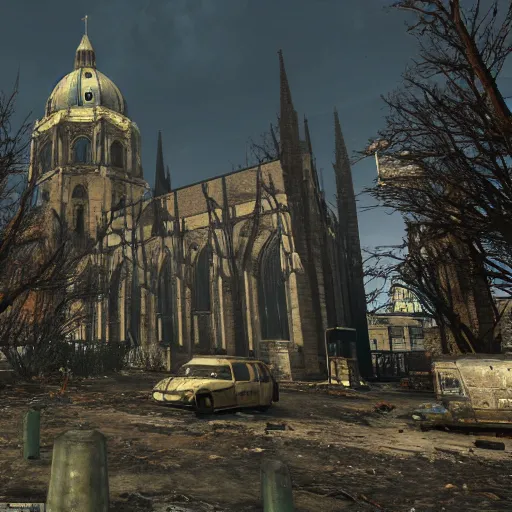 Image similar to Aachen Cathedral in ruins post-nuclear war in Fallout 4, in game screenshot