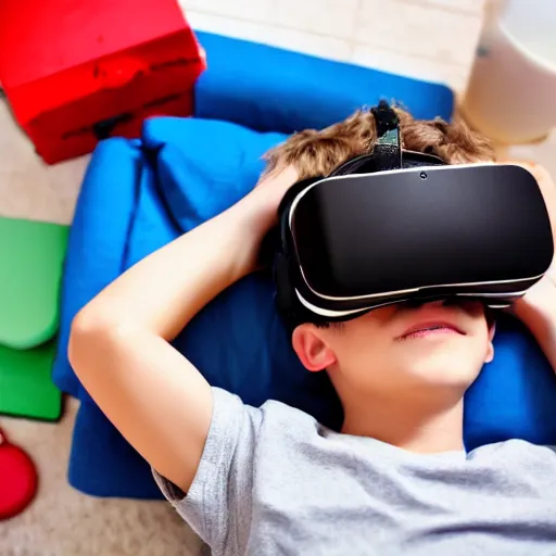 Image similar to a full-shot stock photo of a boy laying in bed with a bunch of stuff wearing a VR-headset, featured on flickr, cluttered