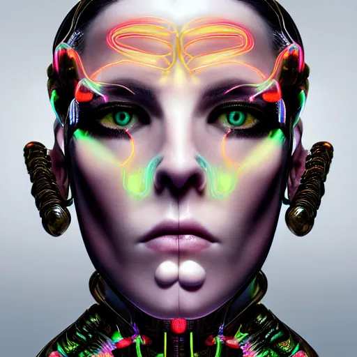 Prompt: very beautiful man, bionic pupils, full face frontal centered, portrait, detailed intricate symmetrical ornate neon cables connected to head, clear lips, luxurious long hair, sophisticated futuristic neon fractal wiring and implants, translucent, porcelain, fractal, sci fi, dramatic lighting, photography, highly detailed, artstation, deviantart, 8 k, by chie yoshii