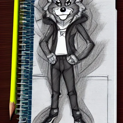 Image similar to anime style pencil sketch of an anthropomorphic wolf fursona furry male character wearing a hoodie, notebook pencil drawings, realisitc photo