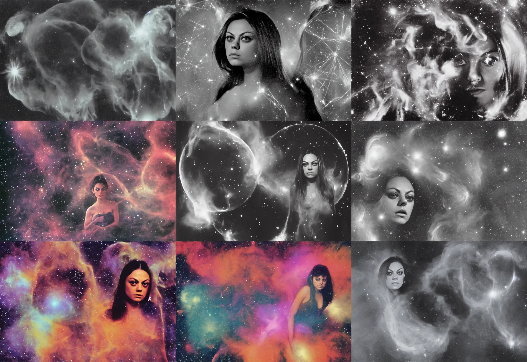 Image similar to 1970 Mila Kunis looking into the camera with small reflective bubbles, puffs of colored smoke, Nebula, Ludek Pesek, Rick Guidice, Chesley Bonestell, Lucien Rudaux, Rolf Klep, Fred Freeman, George Pal