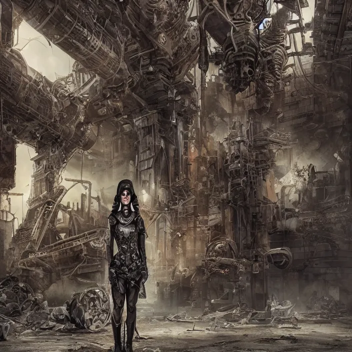 Image similar to apocalyptic woman in hood standing in hall of machinery and weaponry, hyper - detailed, smooth, sharp focus, 4 k ultra hd, fantasy dark art