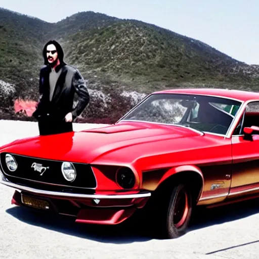 Image similar to Keanu Reeves driving ford mustang