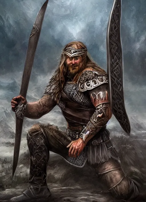 Image similar to aesthetic digital illustration of a kneeling viking warrior, by anne stokes | dirty and bloody, concept art, character concept, matte background. unreal engine, finalrender, centered, deviantart, artgerm