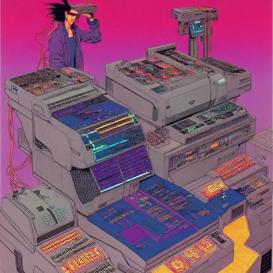 Image similar to ( ( ( ( cyberpunk cash register ) ) ) ) by mœbius!!!!!!!!!!!!!!!!!!!!!!!!!!!, overdetailed art, colorful, artistic record jacket design